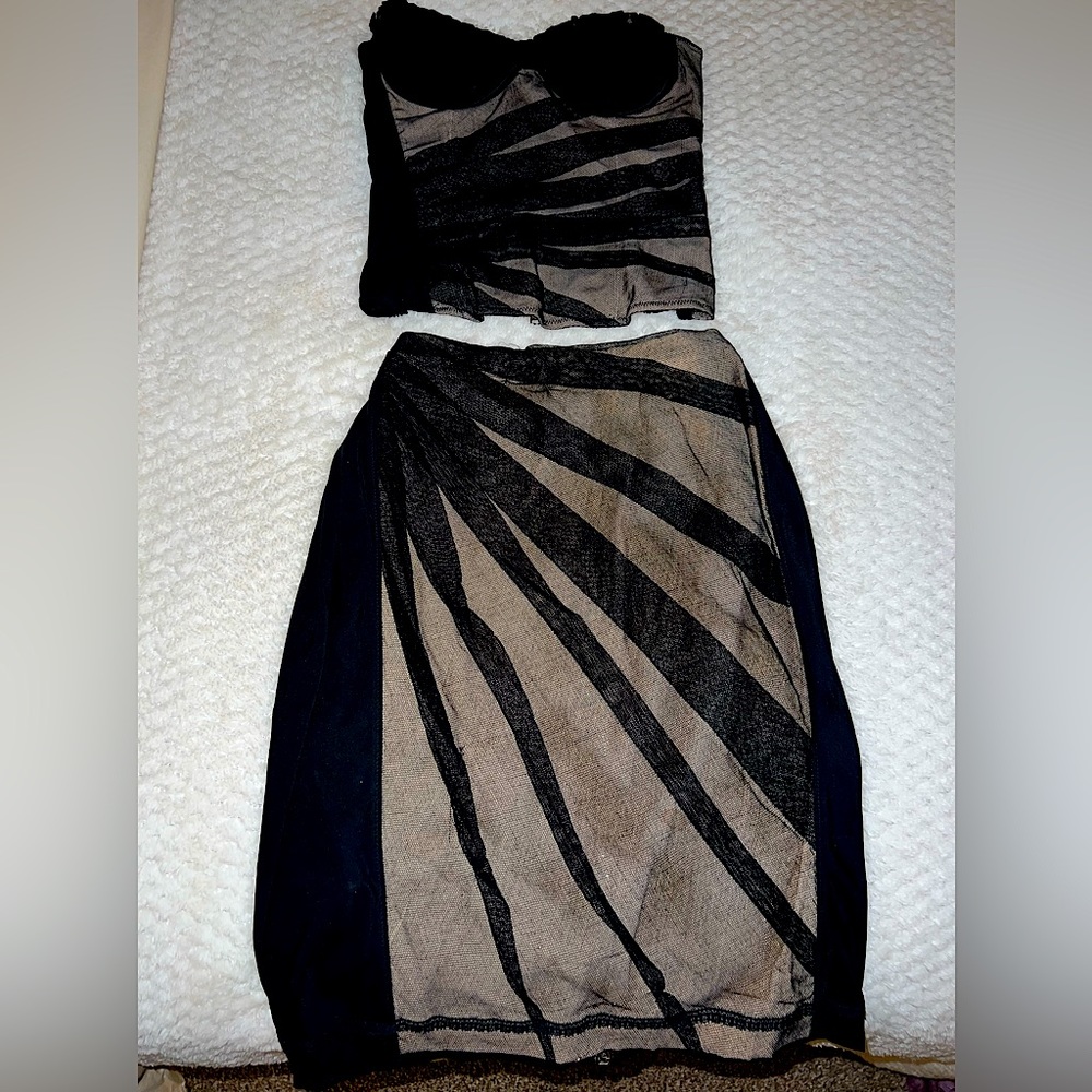 Dolce & Gabbana black mesh / nude corset bustier & pencil skirt set